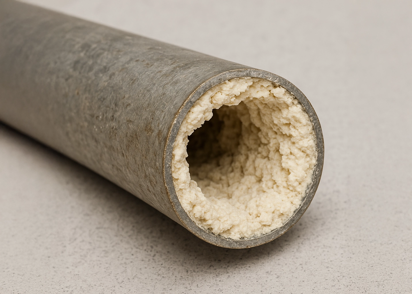 Ein Metallrohr mit dicken, cremefarbenen Kalkablagerungen im Inneren, das Wartungsbedarf zeigt.