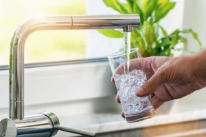 Eine Hand hält ein Glas unter einen modernen Wasserhahn, während klares Wasser ins Glas fließt.