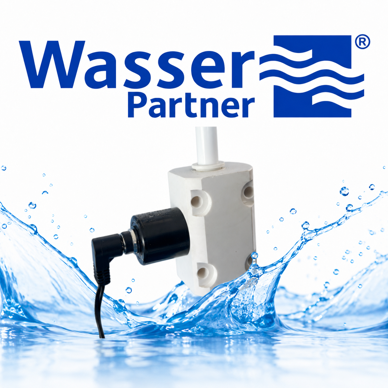 Ein technisches Gerät mit weißem Gehäuse und schwarzem Anschluss, umgeben von spritzendem Wasser.