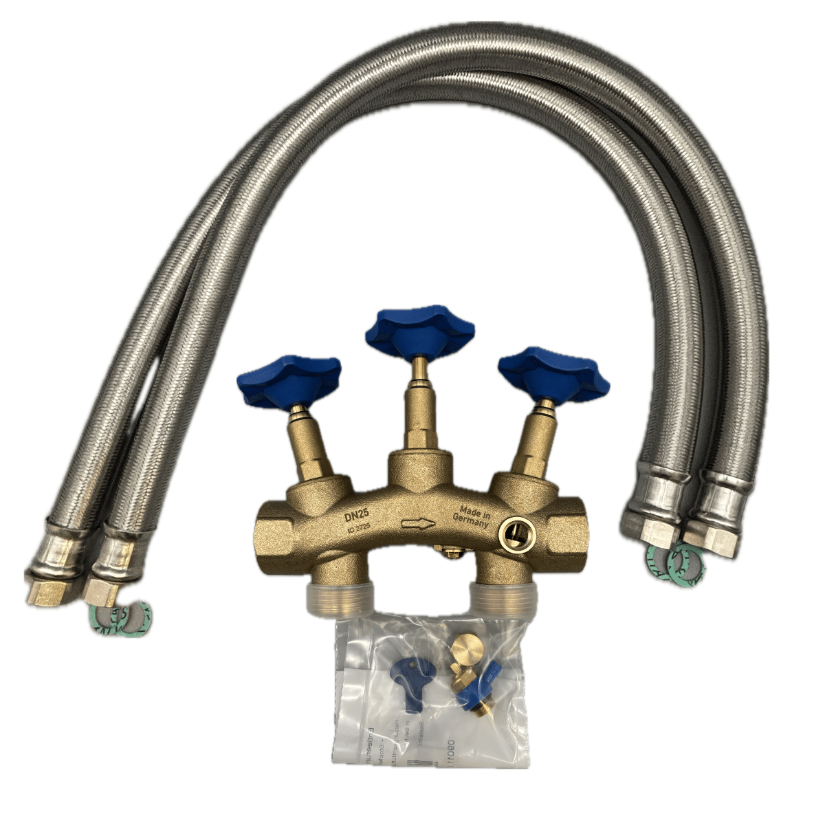 Messingventilblock mit blauen Griffen und flexiblen, metallisch geflochtenen Anschlussschläuchen.