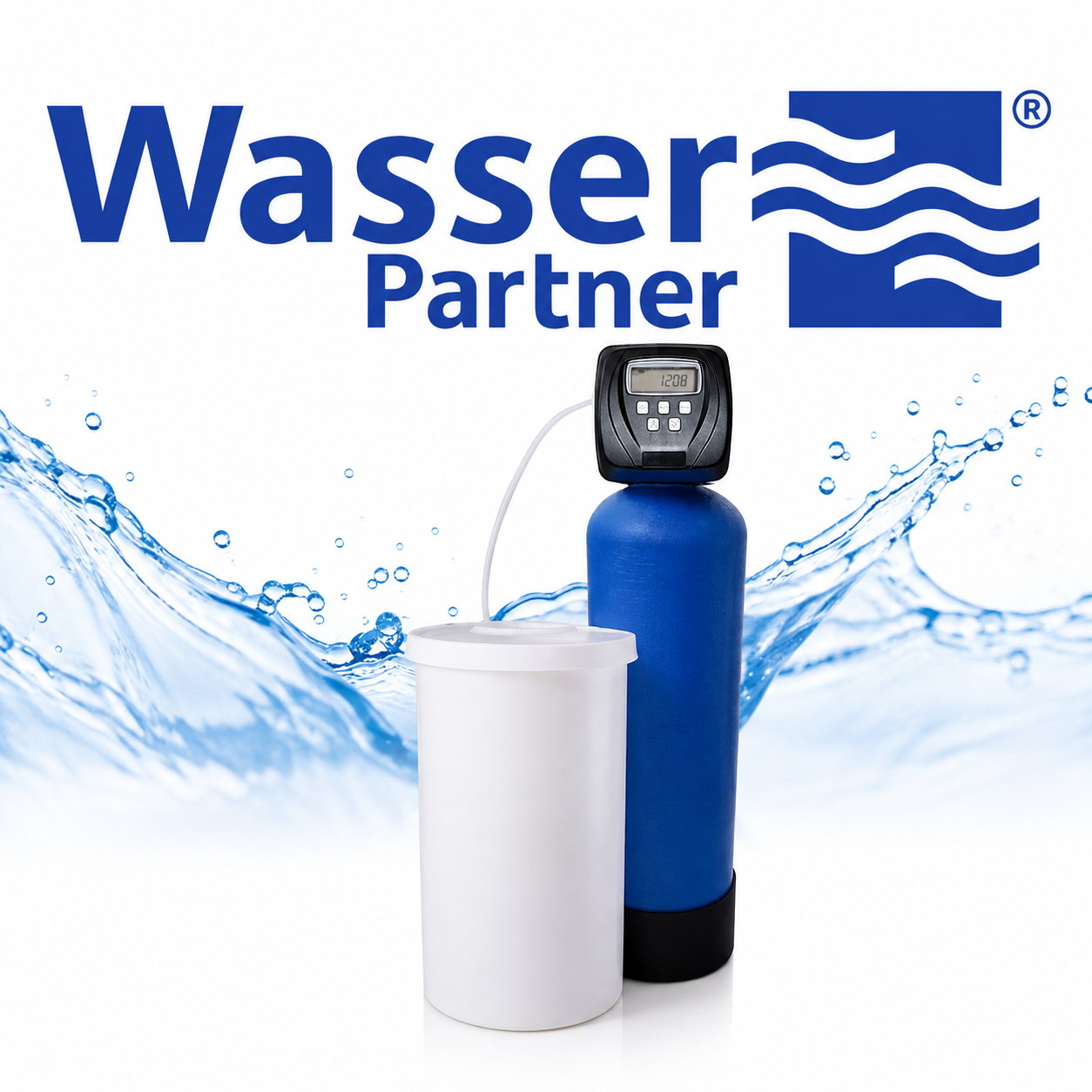 Wasserenthärtungsanlage mit blauem Zylinder und weißem Behälter, umgeben von Wasserwellenmotiv.