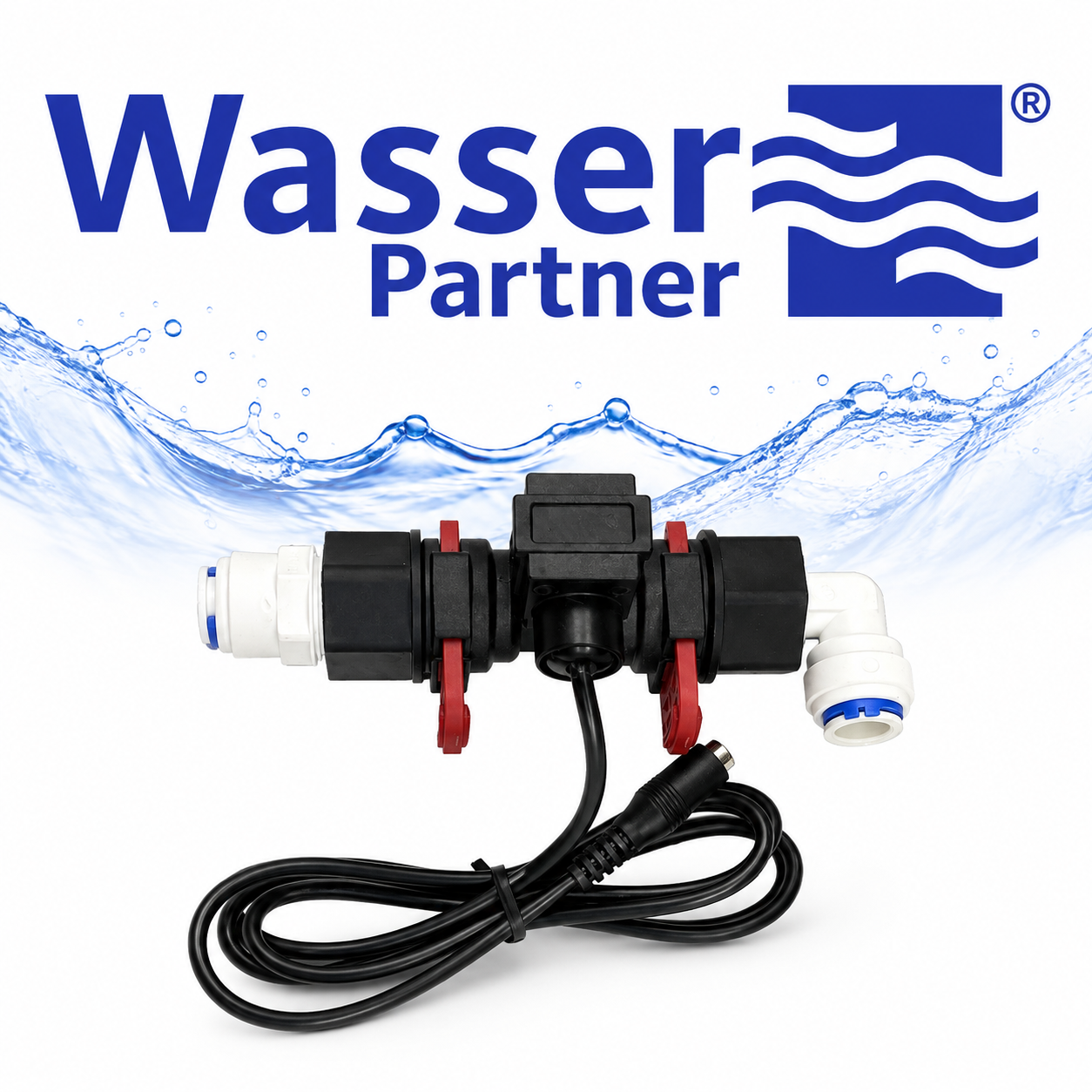 Schwarzes technisches Gerät mit Anschlüssen und Kabeln, vor weißem Hintergrund mit Wasserillustration.