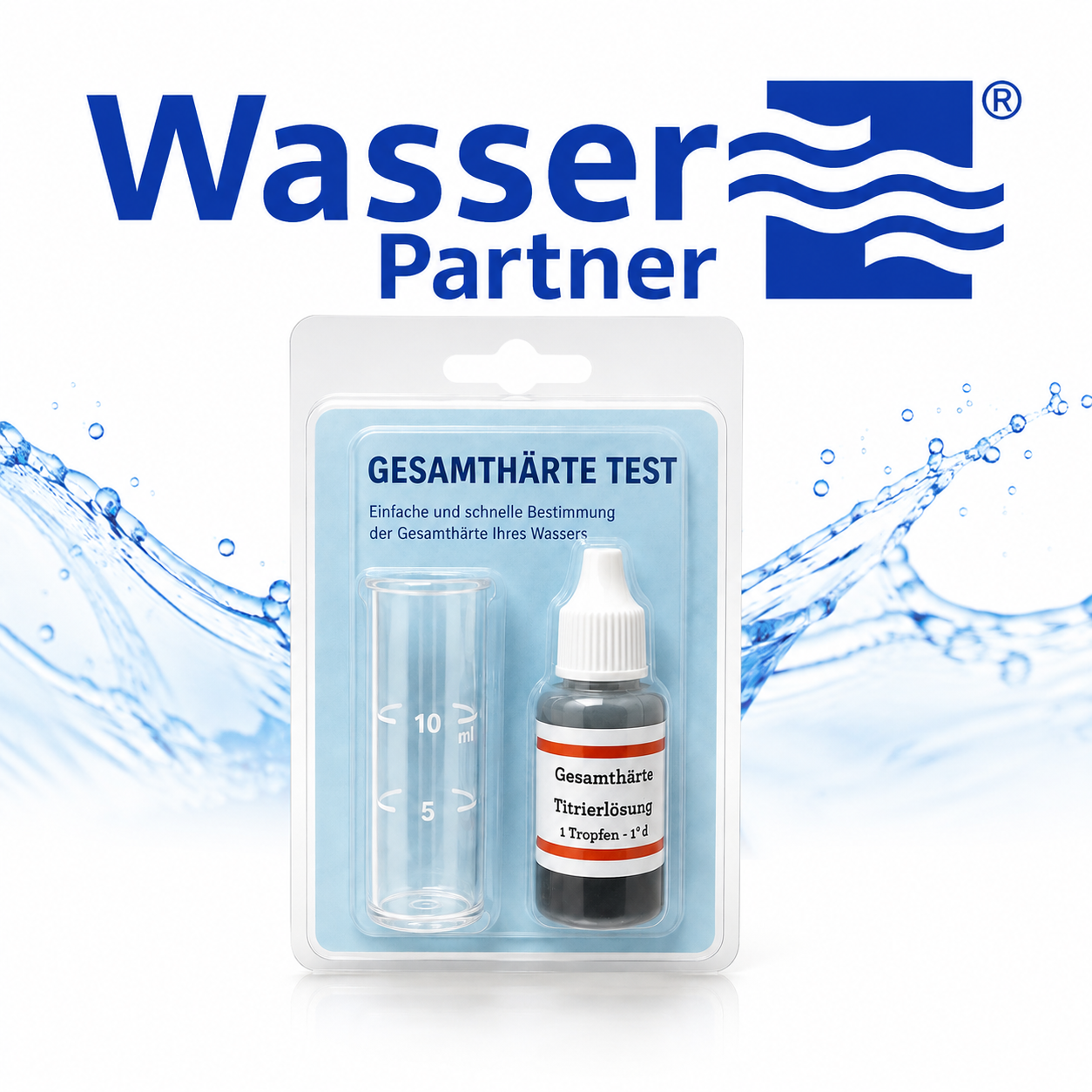 Verpackung eines Wasserhärte-Tests mit Reagenzglas und Titrationslösung auf blauem Hintergrund.