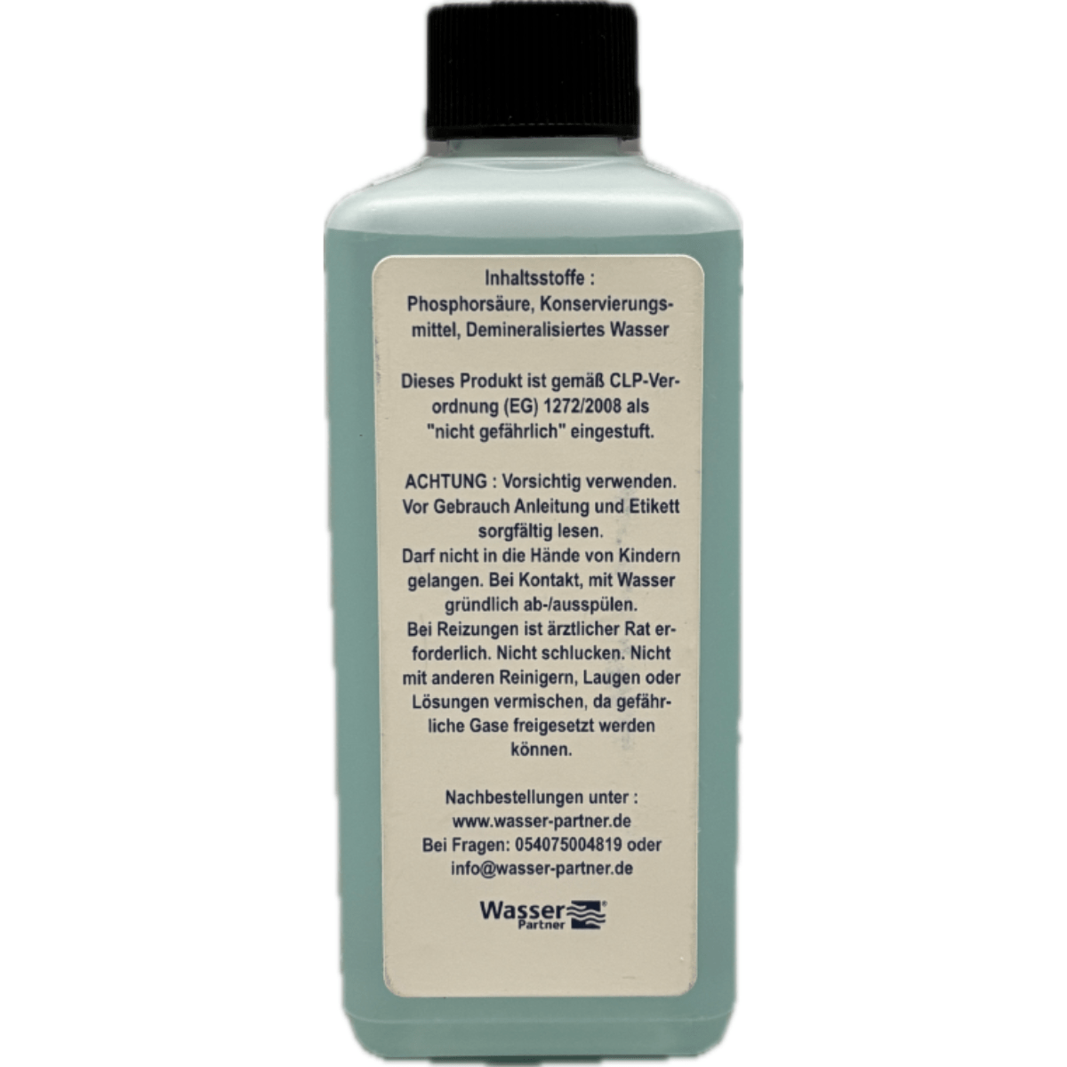 Eine türkisfarbene Flasche mit schwarzem Verschluss und beigem Etikett, das Warnhinweise enthält.