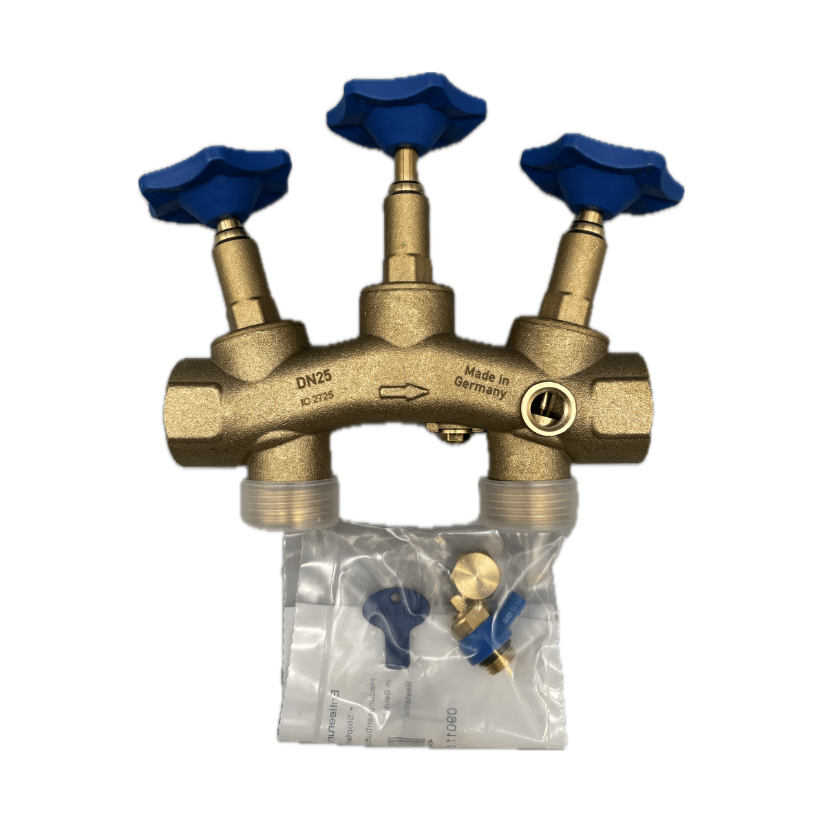 Messingventil mit drei blauen Griffen und Ersatzteilen in einem Plastikbeutel, "Made in Germany".