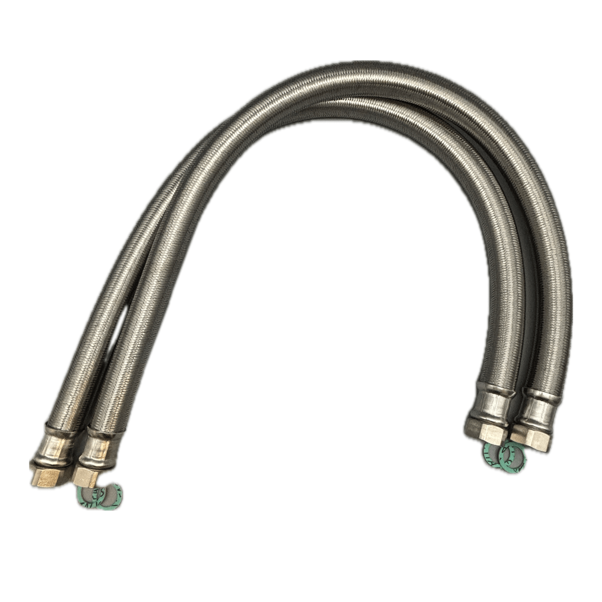 Zwei silberne, flexible Metallschläuche mit hexagonalen Verschraubungen und grünen Dichtungen.