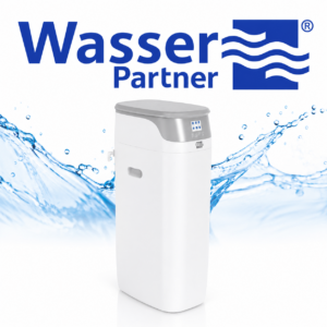 Modernes Wasserfiltersystem mit digitalem Display, umgeben von blauen Wasserspritzern, „Wasser Partner“.
