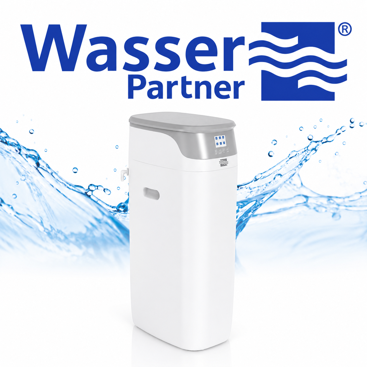 Modernes Wasserfiltersystem mit digitalem Display, umgeben von blauen Wasserspritzern, „Wasser Partner“.