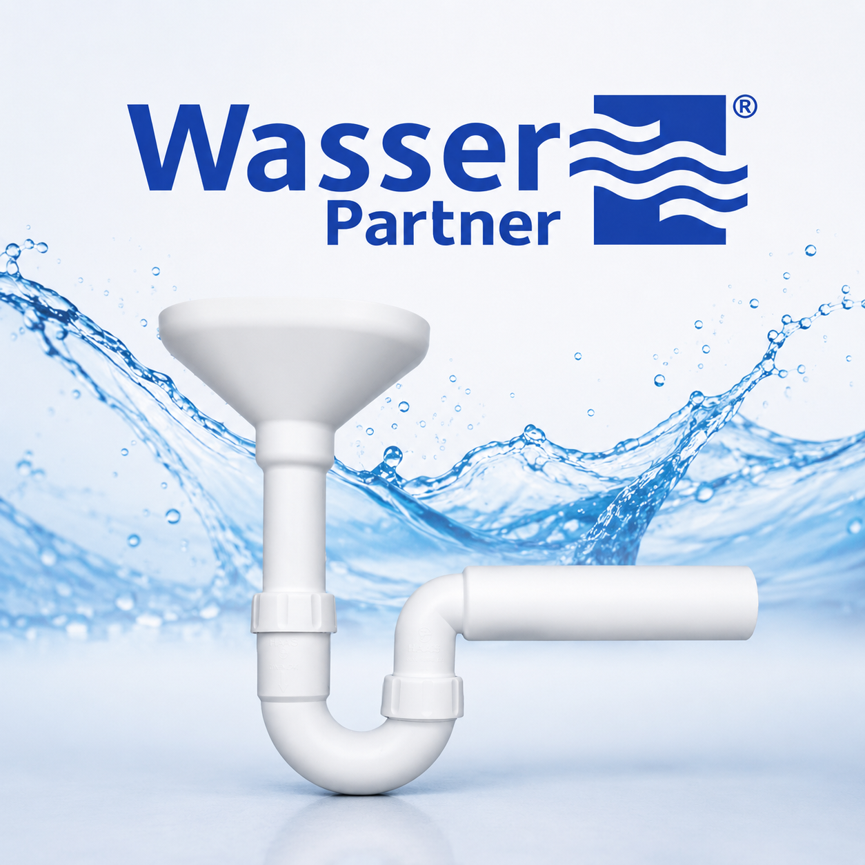 Ein weißer Siphon vor spritzenden Wasserwellen, mit dem Text "Wasser Partner" und einem blauen Logo.