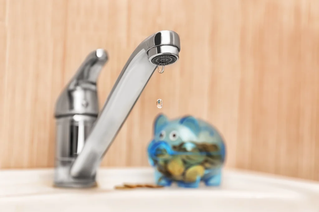 Ein Wassertropfen fällt aus einem glänzenden Hahn vor einem blauen Sparschwein voller Münzen.