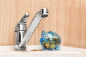 Ein Wassertropfen fällt aus einem glänzenden Hahn vor einem blauen Sparschwein voller Münzen.