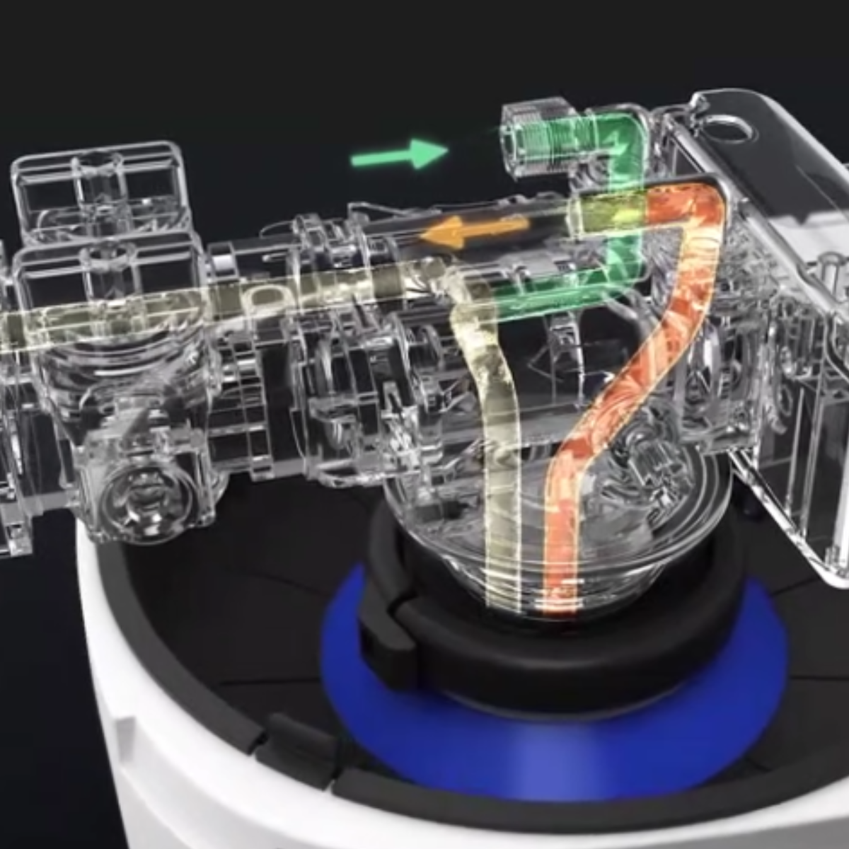 Transparente technische Illustration eines Geräts mit grünen und orangefarbenen Pfeilen für Flussrichtung.