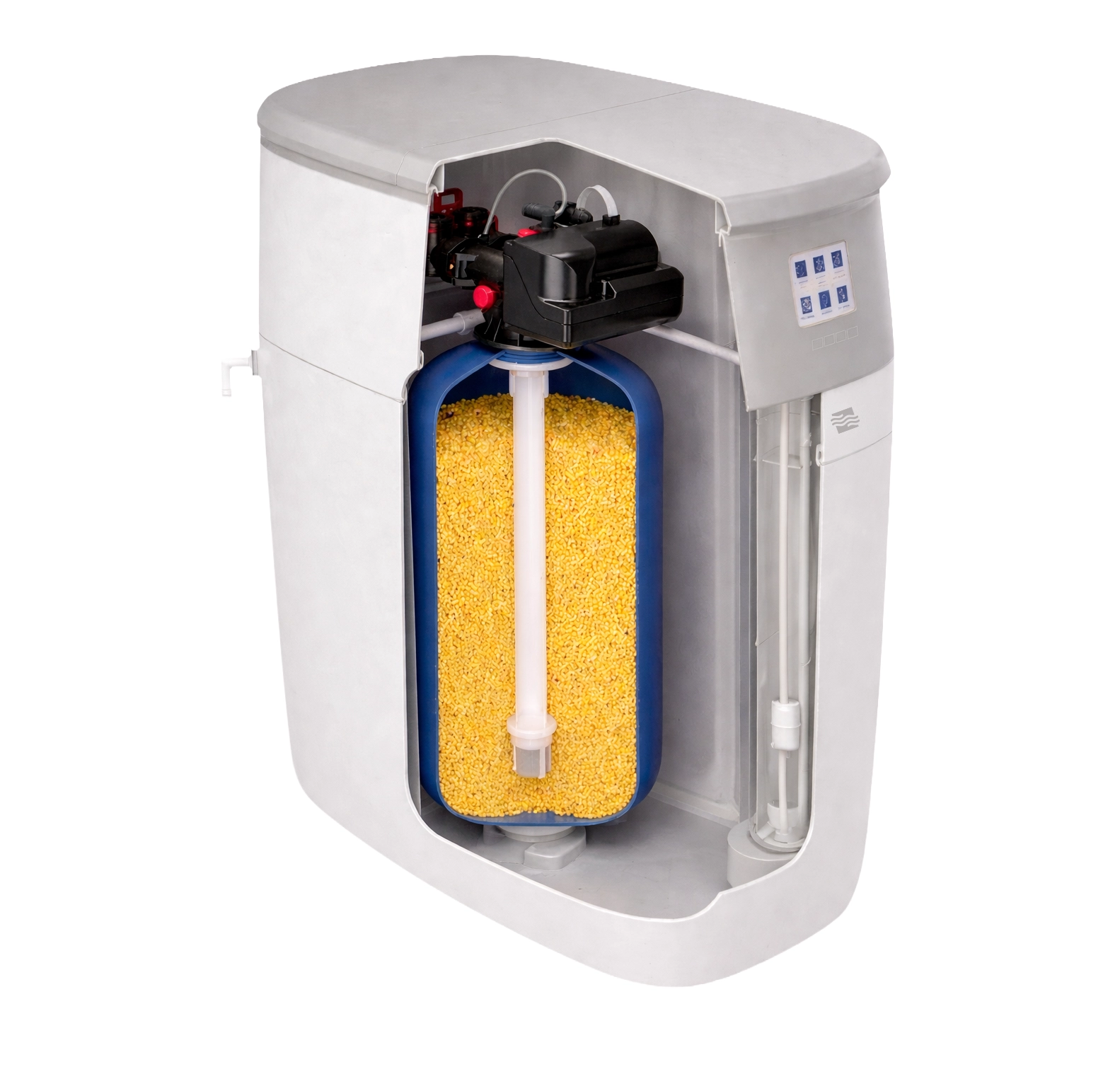 Querschnitt eines Wasserenthärters mit blauem Harzbehälter, gelben Kügelchen und schwarzer Steuereinheit.