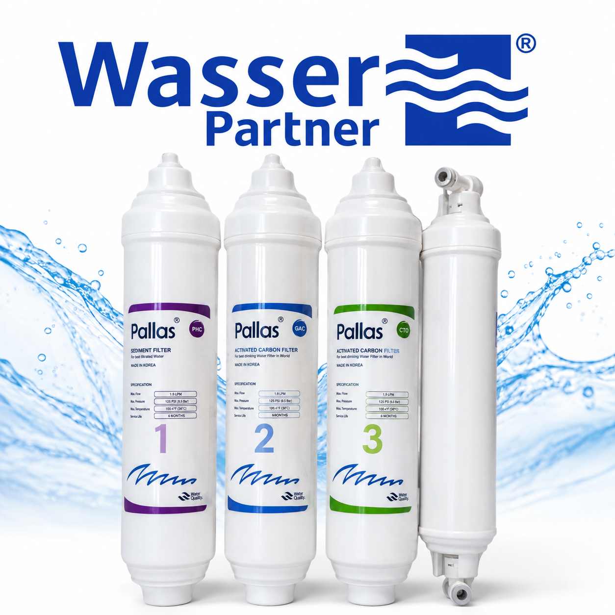 Vier vertikal angeordnete Wasserfilter mit farbigen Etiketten vor einem Hintergrund mit blauen Wasserspritzern.