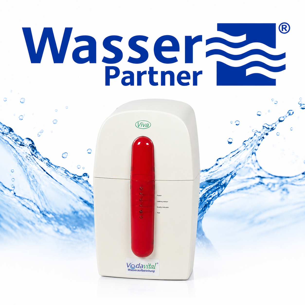 Ein modernes Wasseraufbereitungsgerät mit weißem Gehäuse und rotem Element vor spritzendem Wasserhintergrund.