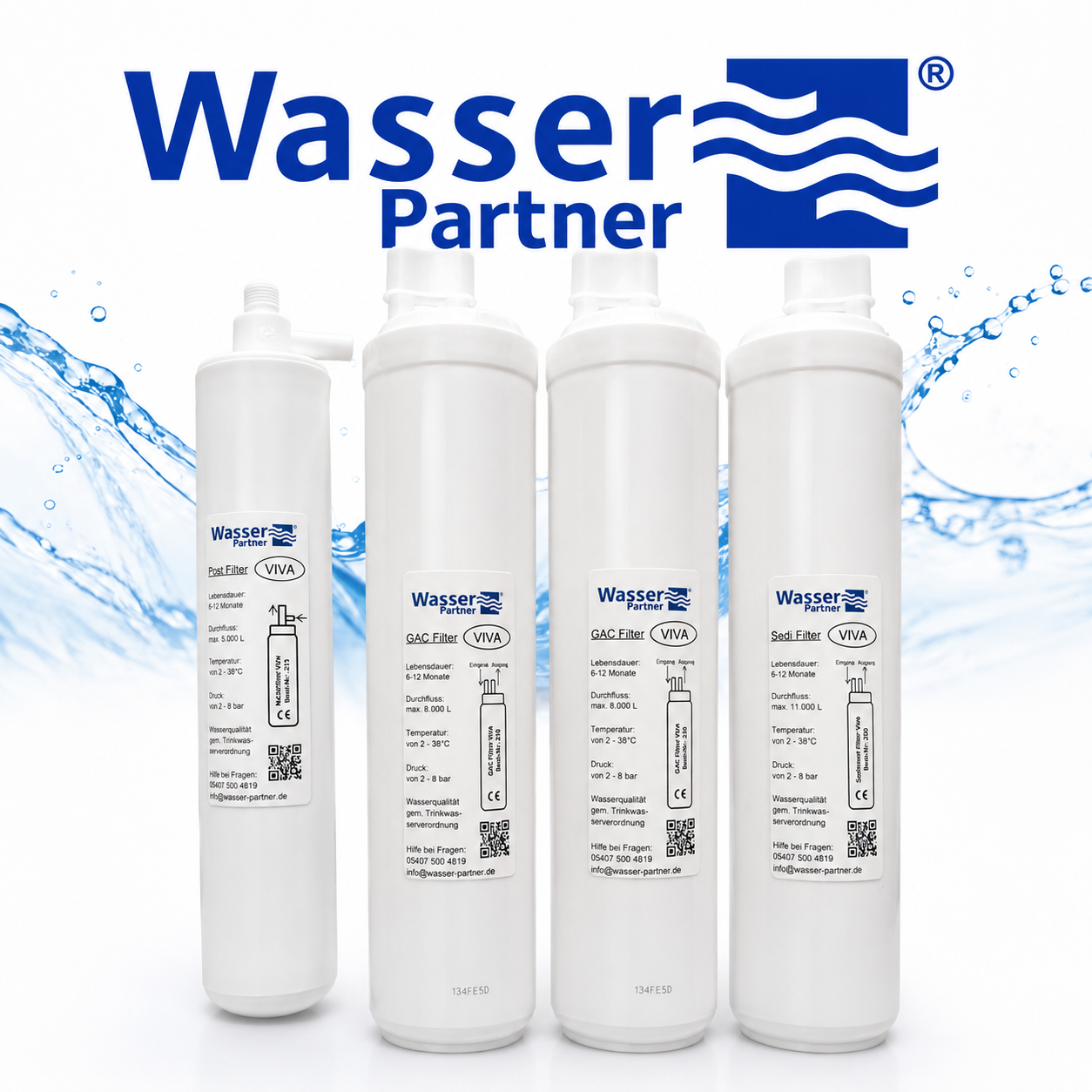 Werbegrafik mit vier weißen Wasserfiltern der Marke "Wasser Partner" und blauem Logo auf weißem Hintergrund.