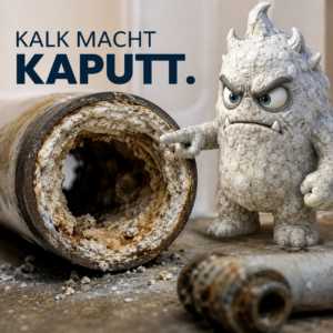 Ein Kalk-Monster zeigt auf ein stark verkalktes Rohr. Text: "KALK MACHT KAPUTT."