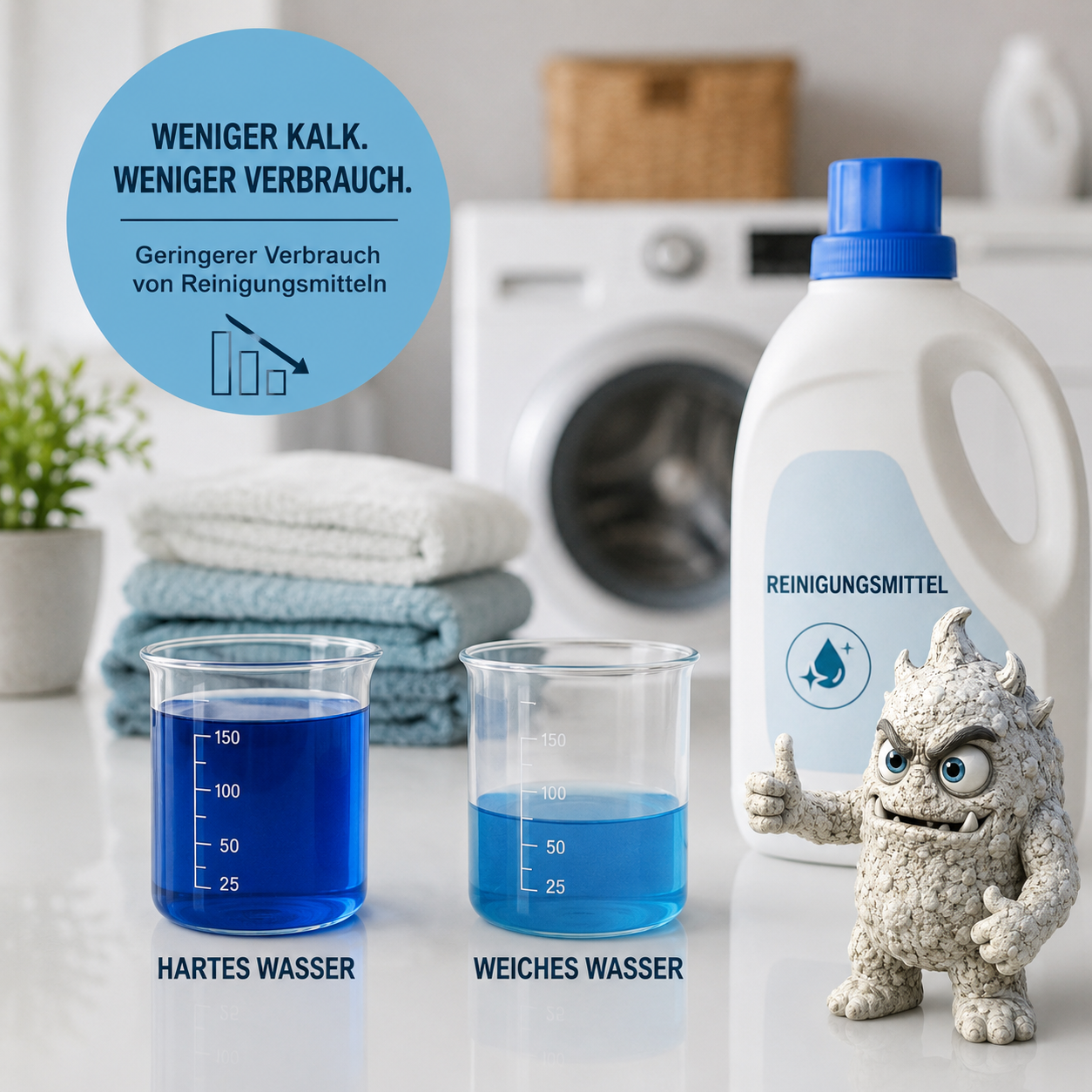 Zwei Messbecher mit blauer Flüssigkeit, ein Kalk-Monster und Reinigungsmittel in einem Waschraum.
